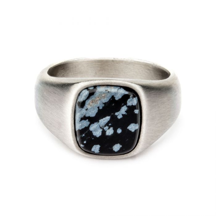 Brushed Stainless Steel Ring with Snowflake Obsidian FR19976F